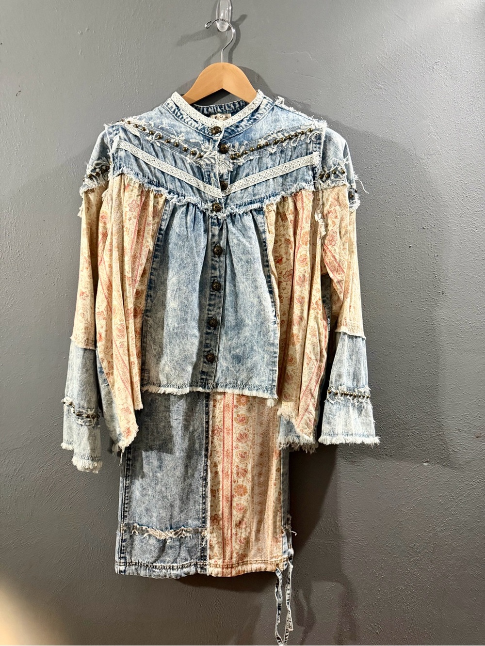 POL Blue Denim and Cream Floral Patchwork Shirt & Wide/Jogger Style Pant-Set